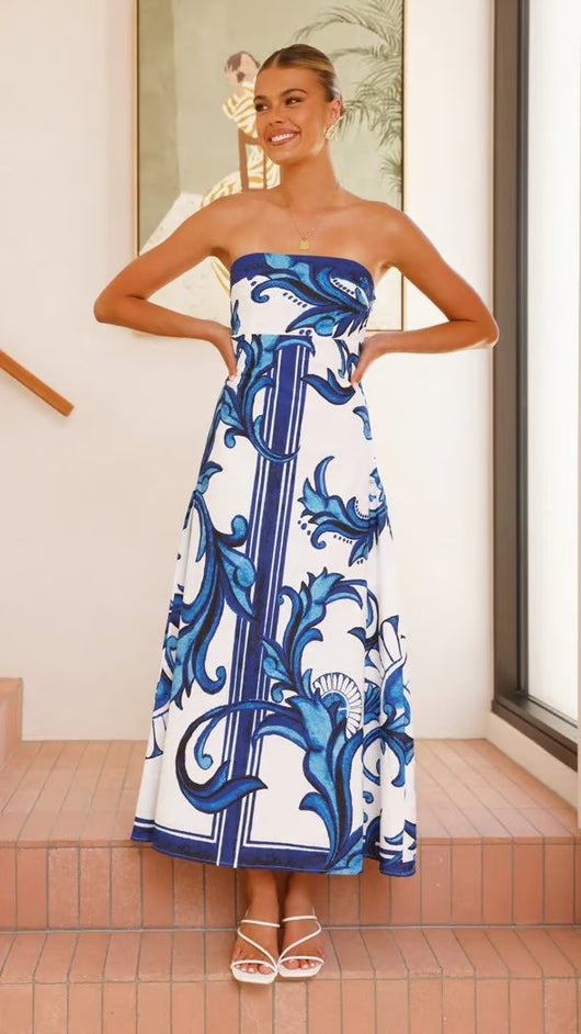 Hannah | Damen Trägerlos Vintage-Print Maxi-Kleid