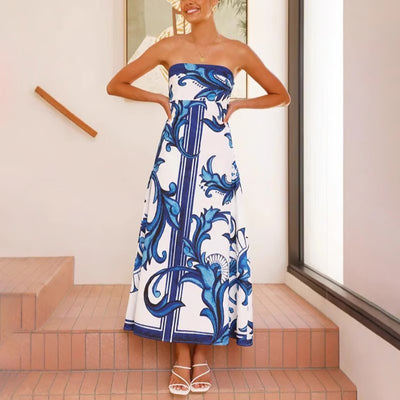 Hannah | Damen Trägerlos Vintage-Print Maxi-Kleid