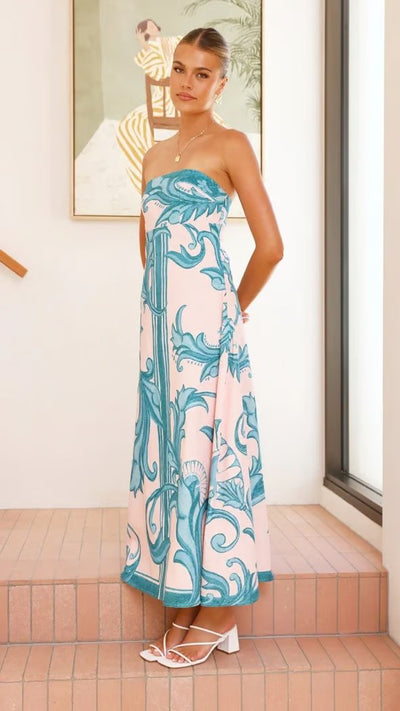 Hannah | Damen Trägerlos Vintage-Print Maxi-Kleid