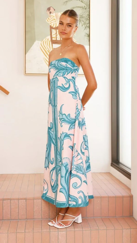 Hannah | Damen Trägerlos Vintage-Print Maxi-Kleid