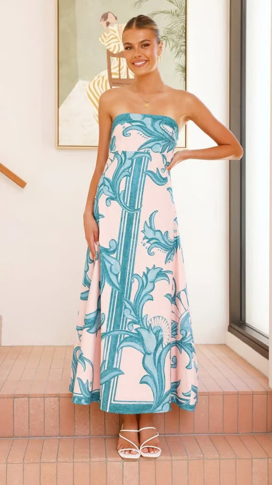 Hannah | Damen Trägerlos Vintage-Print Maxi-Kleid