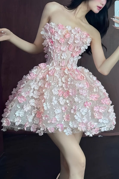 Frieda | Damen Trägerloses 3D-Blumen Cocktailkleid Ballonrock Abendkleid