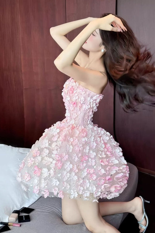 Frieda | Damen Trägerloses 3D-Blumen Cocktailkleid Ballonrock Abendkleid