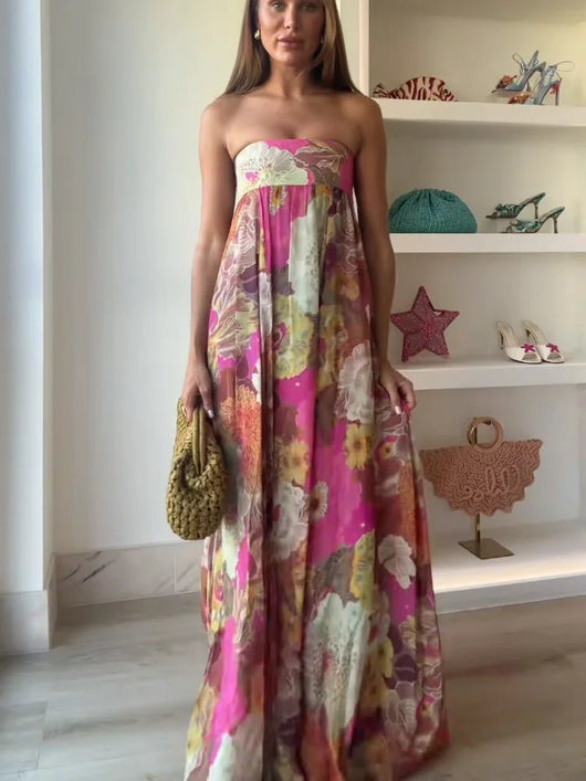 Clara | Damen Trägerloses Blumen Maxi Hochzeitsgast Kleid