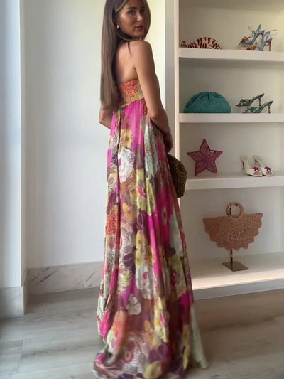 Clara | Damen Trägerloses Blumen Maxi Hochzeitsgast Kleid