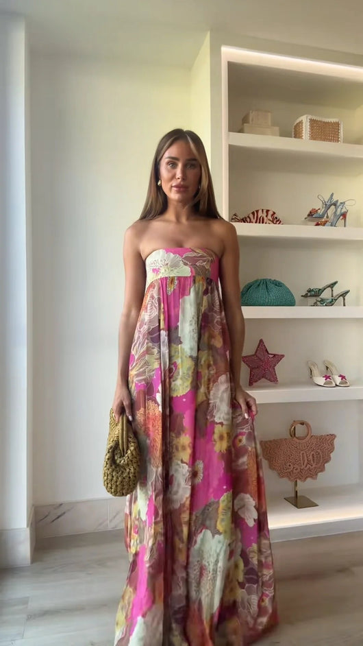 Clara | Damen Trägerloses Blumen Maxi Hochzeitsgast Kleid