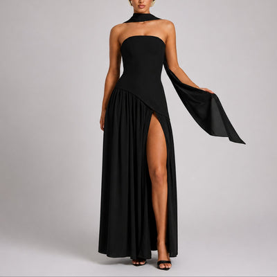 Charlotte | Damen Trägerloses Maxi-Kleid mit Schal Hochzeitskleid Gast Abendkleid