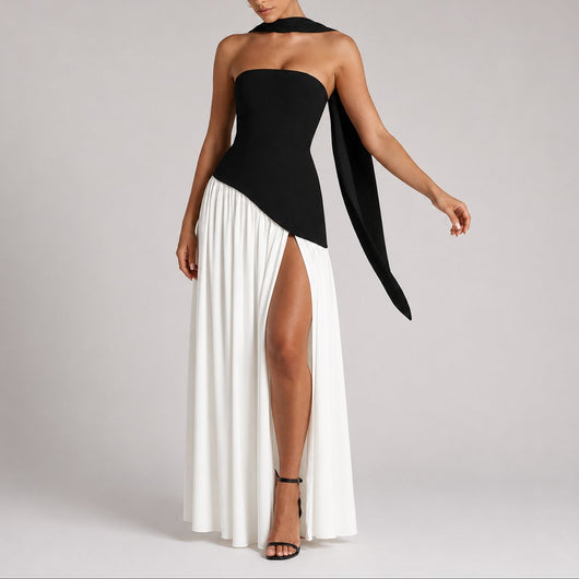 Charlotte | Damen Trägerloses Maxi-Kleid mit Schal Hochzeitskleid Gast Abendkleid