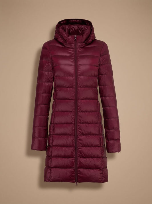 Nora | Damen Ultraleichte Lange Daunenjacke mit Kapuze Reißverschluss Winterjacke