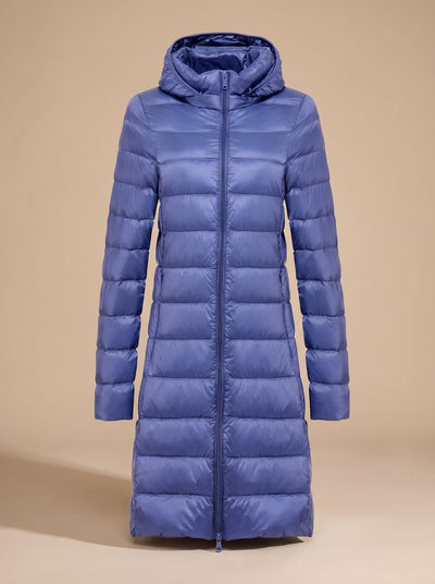 Nora | Damen Ultraleichte Lange Daunenjacke mit Kapuze Reißverschluss Winterjacke