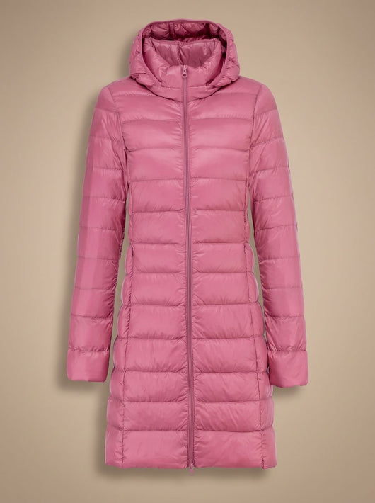 Nora | Damen Ultraleichte Lange Daunenjacke mit Kapuze Reißverschluss Winterjacke