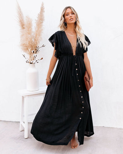 Hannah | Damen V-Ausschnitt Knopfleiste Fließendes Maxi-Kleid