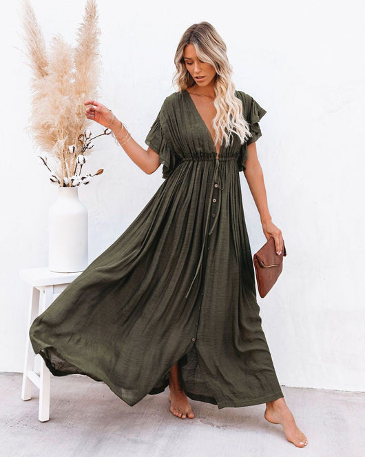 Hannah | Damen V-Ausschnitt Knopfleiste Fließendes Maxi-Kleid