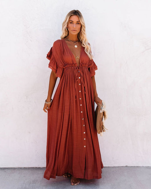 Hannah | Damen V-Ausschnitt Knopfleiste Fließendes Maxi-Kleid