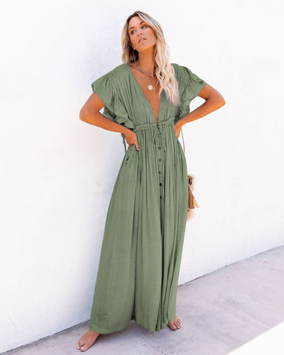 Hannah | Damen V-Ausschnitt Knopfleiste Fließendes Maxi-Kleid