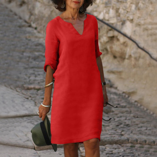Lena | Damen V-Ausschnitt Midikleid mit 3/4-Arm figurschmeichelnd
