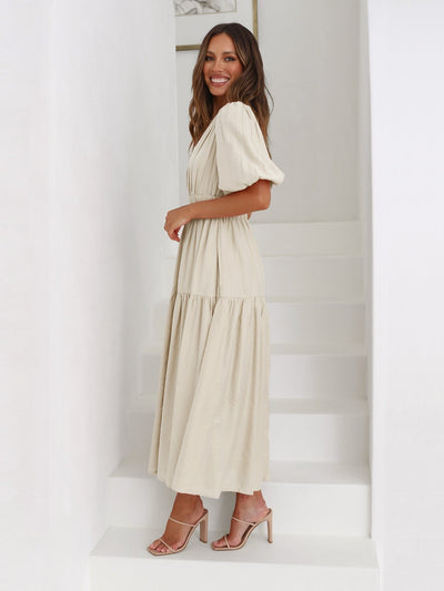 Emilia | Damen V-Ausschnitt Puffärmel Midi-Kleid mit Smok-Taille
