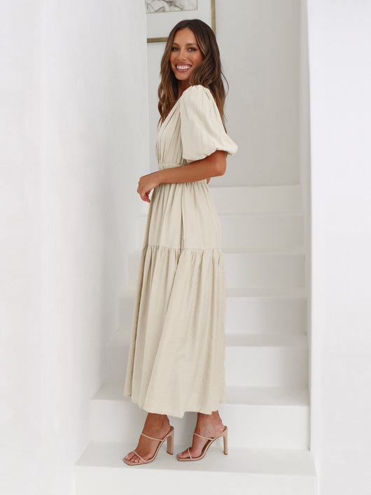 Emilia | Damen V-Ausschnitt Puffärmel Midi-Kleid mit Smok-Taille