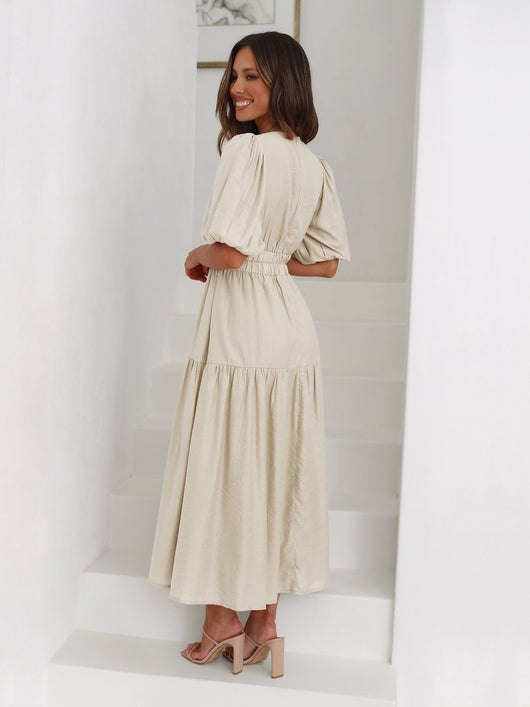 Emilia | Damen V-Ausschnitt Puffärmel Midi-Kleid mit Smok-Taille