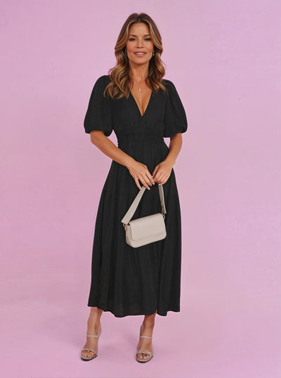 Emilia | Damen V-Ausschnitt Puffärmel Midi-Kleid mit Smok-Taille