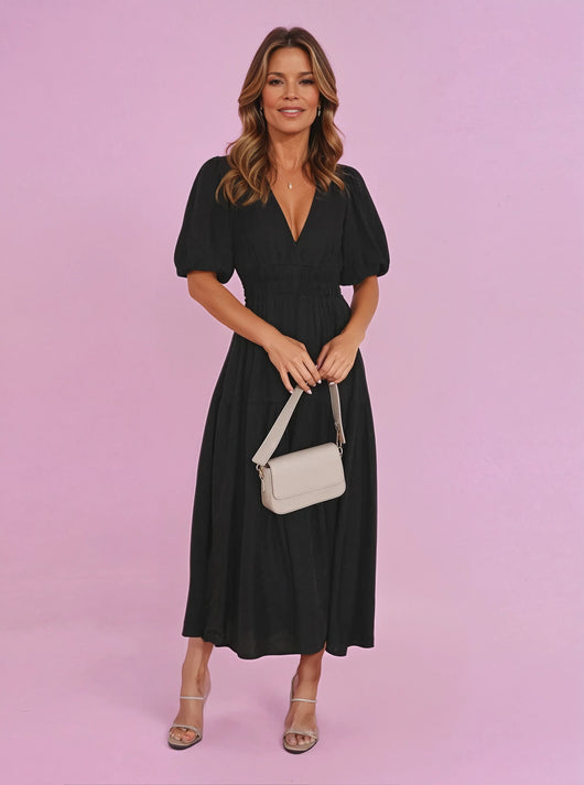 Emilia | Damen V-Ausschnitt Puffärmel Midi-Kleid mit Smok-Taille