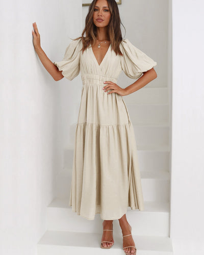 Emilia | Damen V-Ausschnitt Puffärmel Midi-Kleid mit Smok-Taille