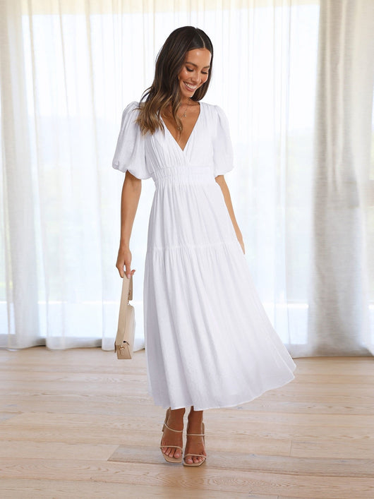 Emilia | Damen V-Ausschnitt Puffärmel Midi-Kleid mit Smok-Taille
