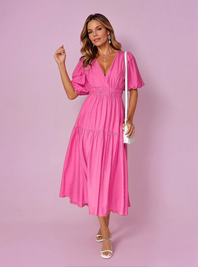 Emilia | Damen V-Ausschnitt Puffärmel Midi-Kleid mit Smok-Taille