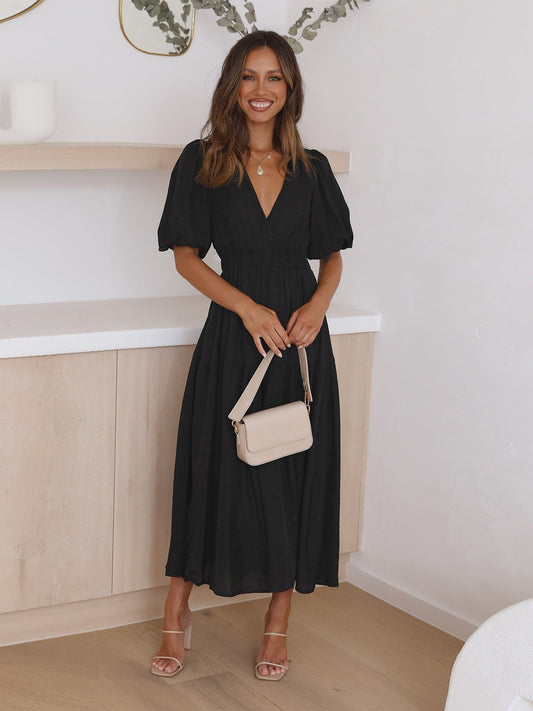 Emilia | Damen V-Ausschnitt Puffärmel Midi-Kleid mit Smok-Taille