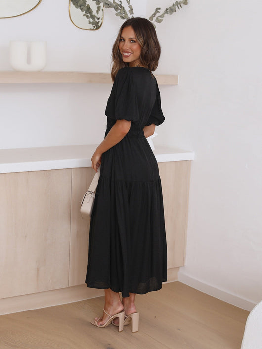 Emilia | Damen V-Ausschnitt Puffärmel Midi-Kleid mit Smok-Taille