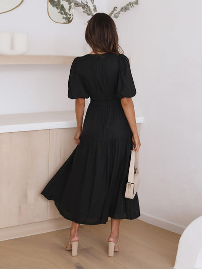 Emilia | Damen V-Ausschnitt Puffärmel Midi-Kleid mit Smok-Taille