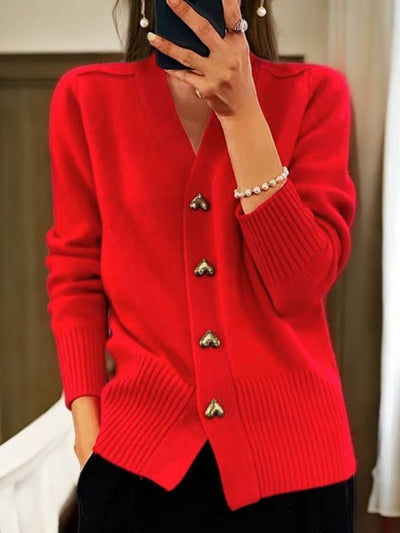 Leonie | Damen V-Ausschnitt Strick-Cardigan mit Herzknöpfen Relaxed Fit