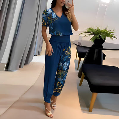 Elfriede | Damen V-Ausschnitt Wide-Leg Two-Piece Set Kurzarm Bluse Hose