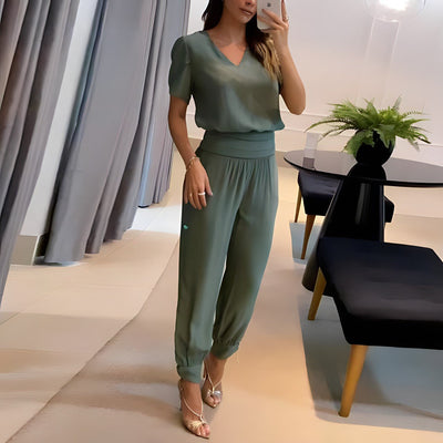 Elfriede | Damen V-Ausschnitt Wide-Leg Two-Piece Set Kurzarm Bluse Hose
