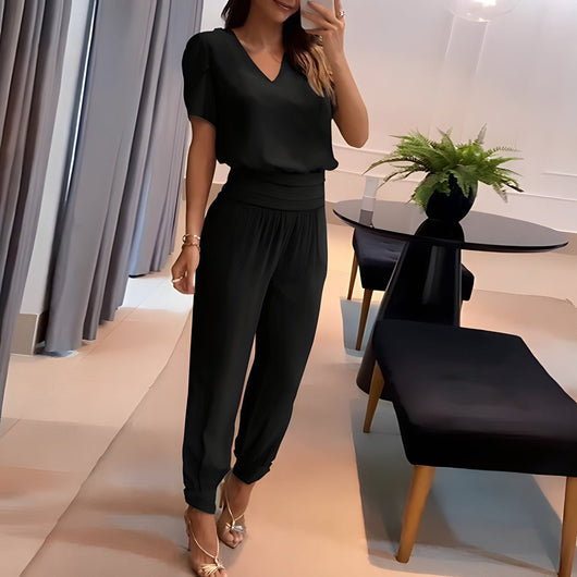 Elfriede | Damen V-Ausschnitt Wide-Leg Two-Piece Set Kurzarm Bluse Hose