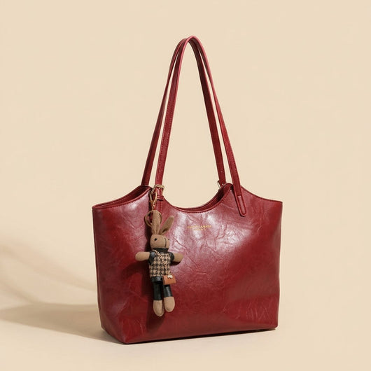 Mia | Damen Veganleder Tote Bag Schultertasche mit Plüsch-Anhänger