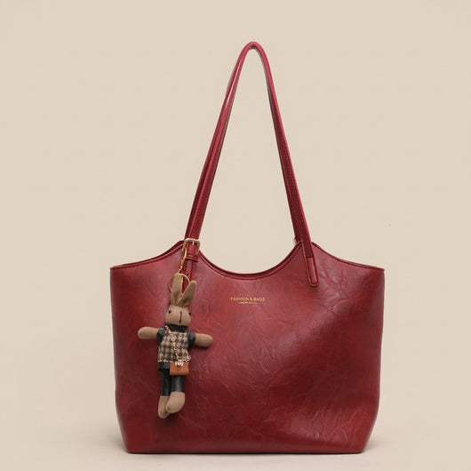 Mia | Damen Veganleder Tote Bag Schultertasche mit Plüsch-Anhänger
