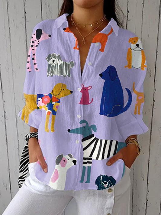 Johanna | Damen Verspielte Hunde-Print Relaxed-Fit Knopfleiste Bluse