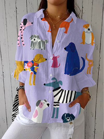 Johanna | Damen Verspielte Hunde-Print Relaxed-Fit Knopfleiste Bluse