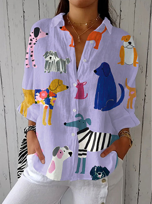 Johanna | Damen Verspielte Hunde-Print Relaxed-Fit Knopfleiste Bluse