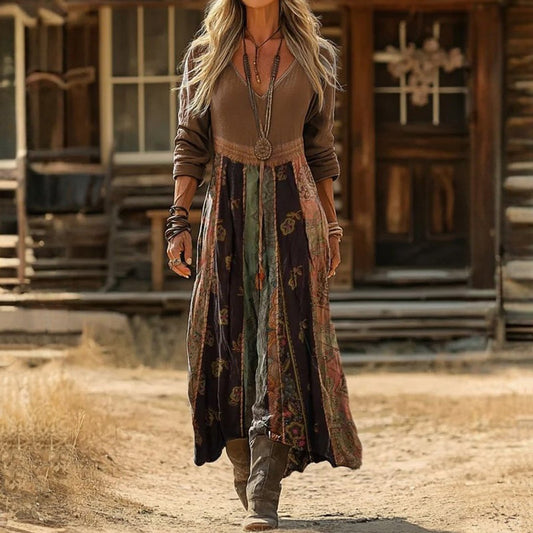 Leonie | Damen Vintage Boho Long Sleeve Dress V-Ausschnitt Midi Kleid