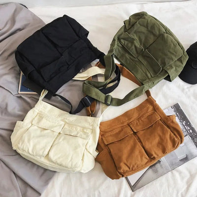 Emilia | Damen Vintage Canvas Tote Bag große Schultertasche mit Seitentaschen