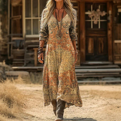 Elfriede | Damen Vintage-Print Langarmkleid mit V-Ausschnitt fließende Passform