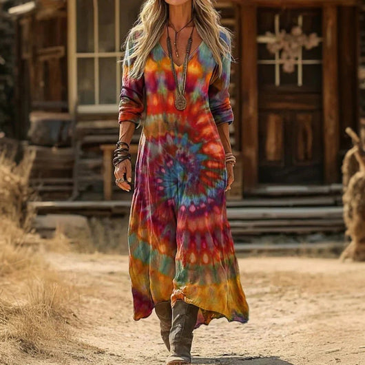 Elfriede | Damen Vintage-Print Langarmkleid mit V-Ausschnitt fließende Passform