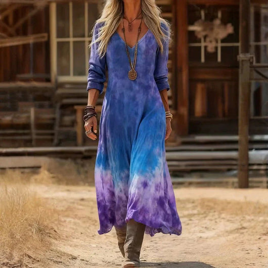 Elfriede | Damen Vintage-Print Langarmkleid mit V-Ausschnitt fließende Passform