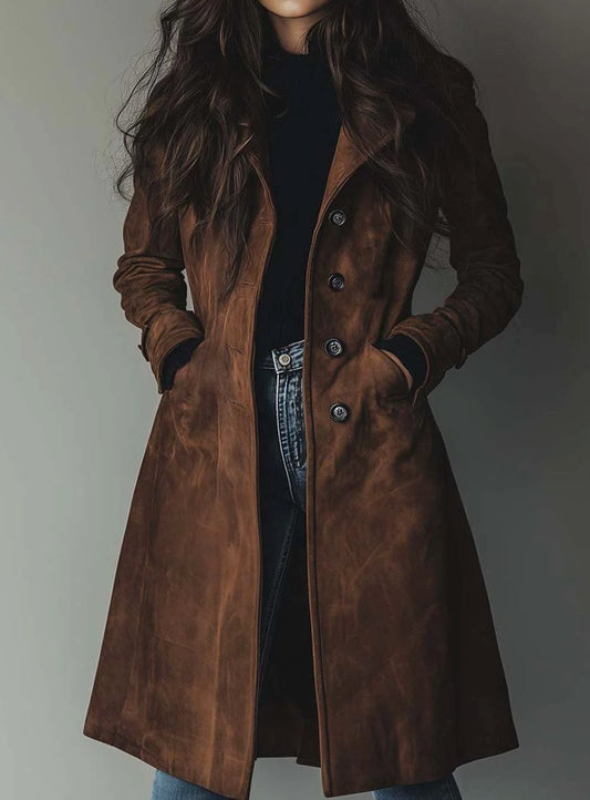 Lena | Damen Vintage Wildleder-Optik Zweireihiger Langer Trenchcoat