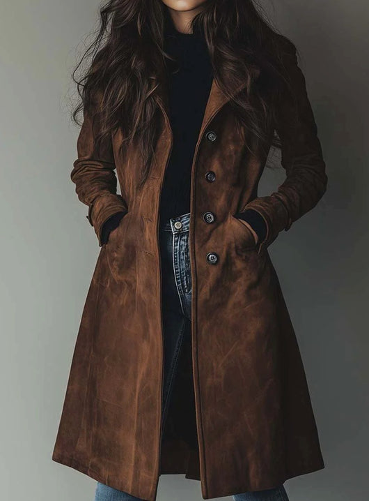 Lena | Damen Vintage Wildleder-Optik Zweireihiger Langer Trenchcoat
