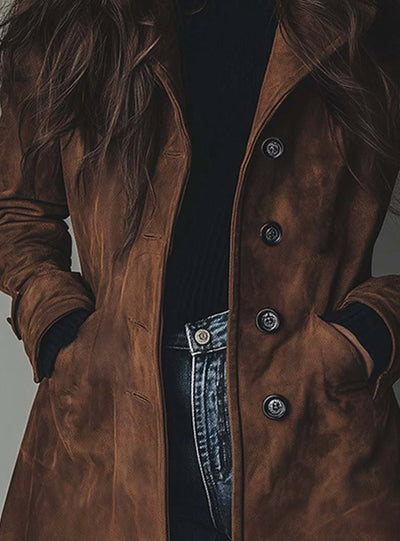 Lena | Damen Vintage Wildleder-Optik Zweireihiger Langer Trenchcoat
