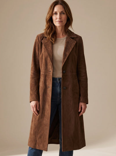 Lena | Damen Vintage Wildleder-Optik Zweireihiger Langer Trenchcoat