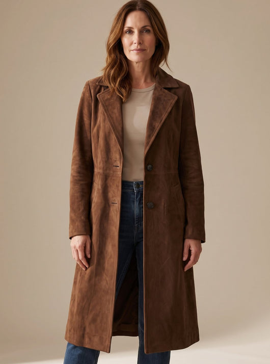 Lena | Damen Vintage Wildleder-Optik Zweireihiger Langer Trenchcoat